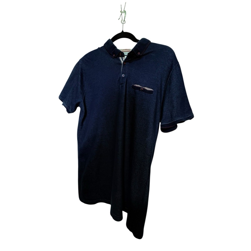 Denim & Flower Polo Shirt Navy Blue Short Sleeve Medium Button Pocket Trim